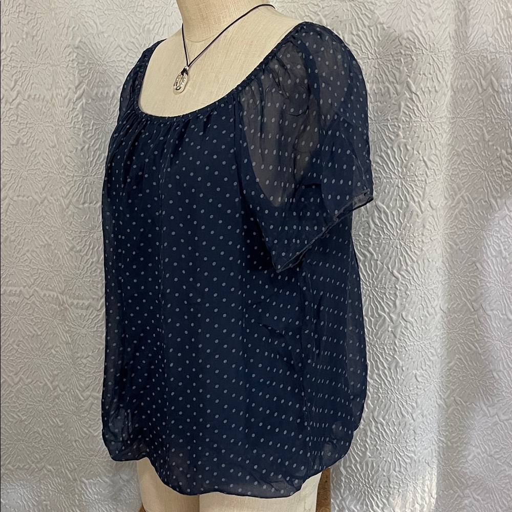 Chic Navy Sheer Blouse with Polka Dots - Picture 3 of 11